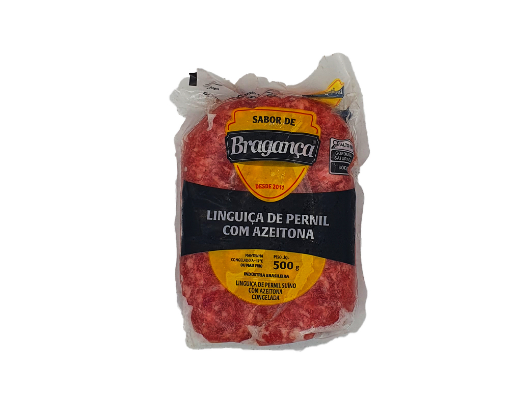 LINGUIÇA SUÍNA CONGELADA COM AZEITONAS SABOR DE BRAGANÇA 500 G (CX 10 PCT)